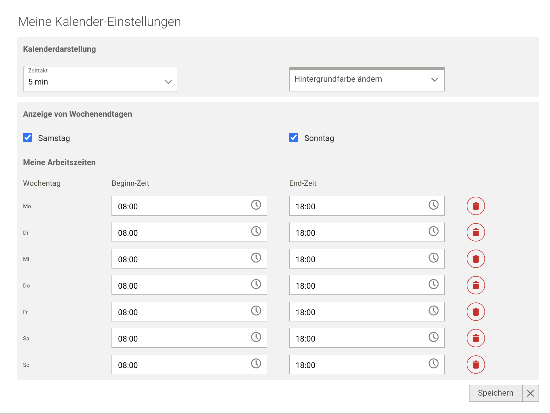 Screenshot Menü Terminplanung meine Kalendereinstellung